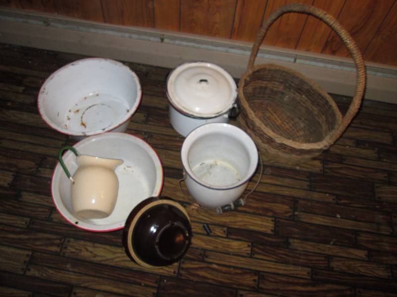 lot 96 image: White enamel ware and basket...