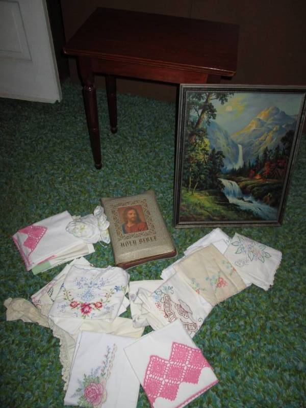lot 230 image: Antique tableBibleantique picture...