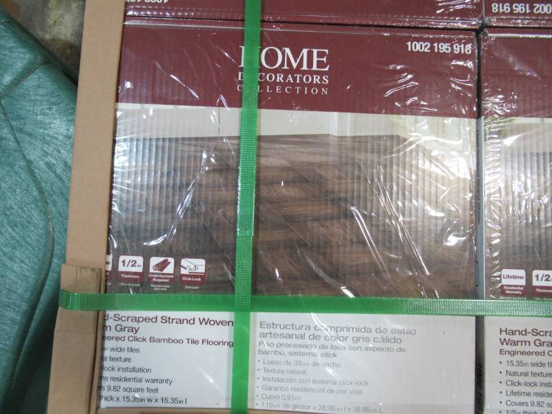 lot 125 image: (4) BOXES HAND SCRAPED STRAND WOVEN WARM GREY 12 IN. T X 15-38 IN. W X 15-38 IN. L ENGINEERED CLICK BAMBOO TILE FLOORING
