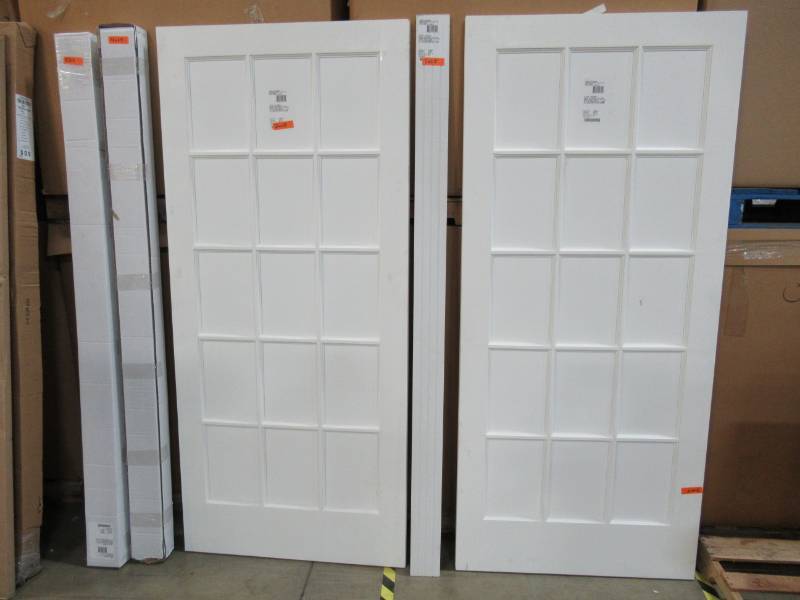 lot 96 image: MMI DOOR 72 in. x 80 in. Primed Composite Clear Glass 15-Lite Double Barn Door with Matte Black Sliding Door Hardware Kit (5 PCS)