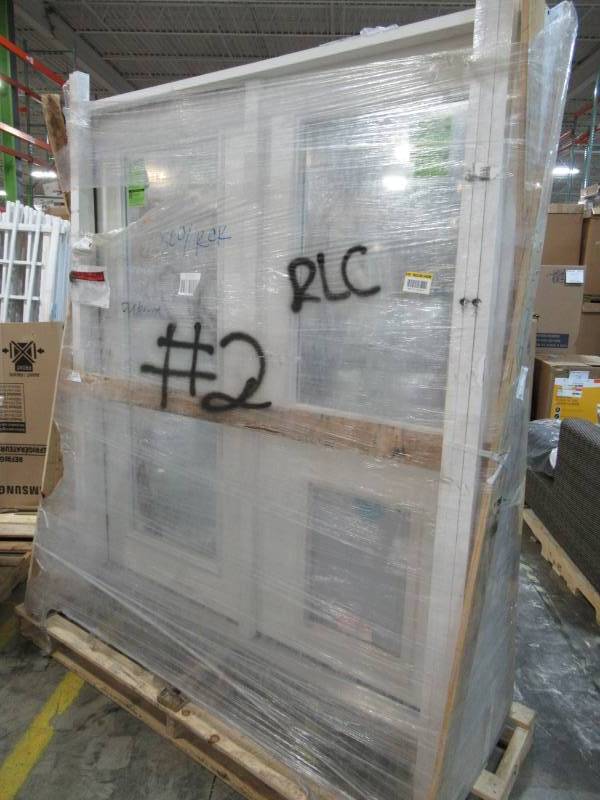 lot 101 image: Steves & Sons 72 in. x 80 in. White Prehung Primed Right-Hand Fiberglass Inswing Center-Hinged Patio Pet Door