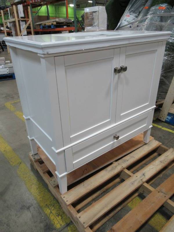 lot 51 image: Simpli Home Chelsea 36 in. Vanity in Soft White with Quartz Marble Vanity Top in White and Under-Mounted Rectangular Sink