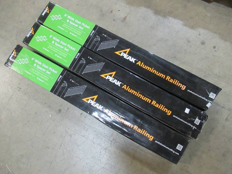 lot 146 image: 3 Peak Aluminum Railing 6 ft. Aluminum Wide Stair Picket and Spacer Kit in Black Model 50361