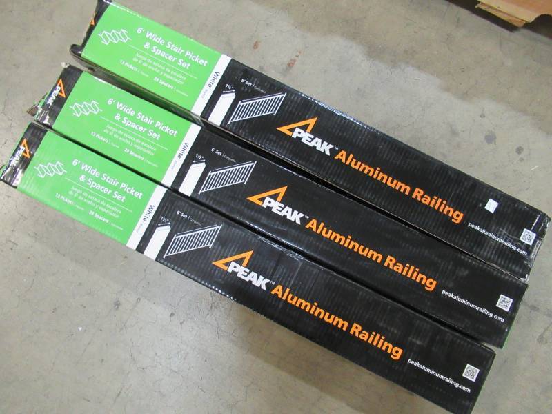 lot 147 image: 3 Peak Aluminum Railing 6 ft. Aluminum Wide Stair Picket and Spacer Kit in White Model 50360