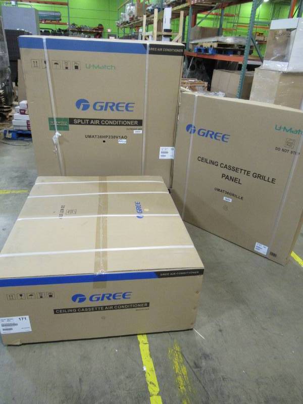 lot 6 image: Gree 34000 BTU Ductless Ceiling Cassette Mini Split Air Conditioner with Heat, Inverter and Remote - 230Volt