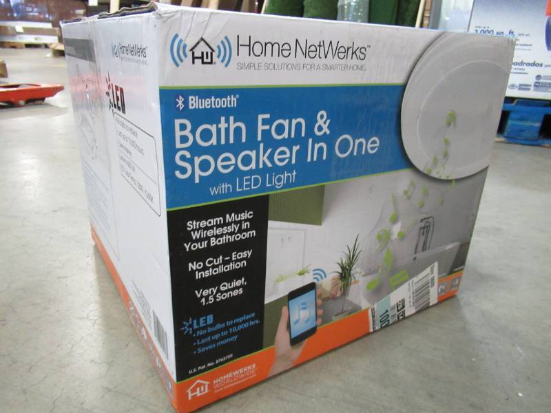 lot 140 image: Homeworks Worldwide Decorative White 70 CFM Bluetooth Stereo Speaker Exhaust Bath Fan with LED Light