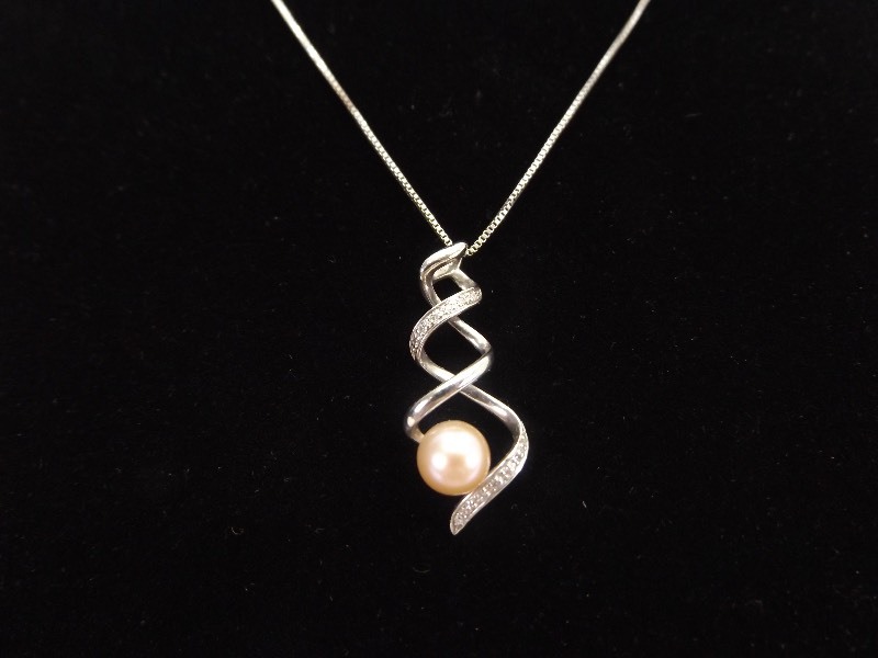 lot 11 image: .925 Sterling Silver Necklace Diamond Cultured Pearl Pendant