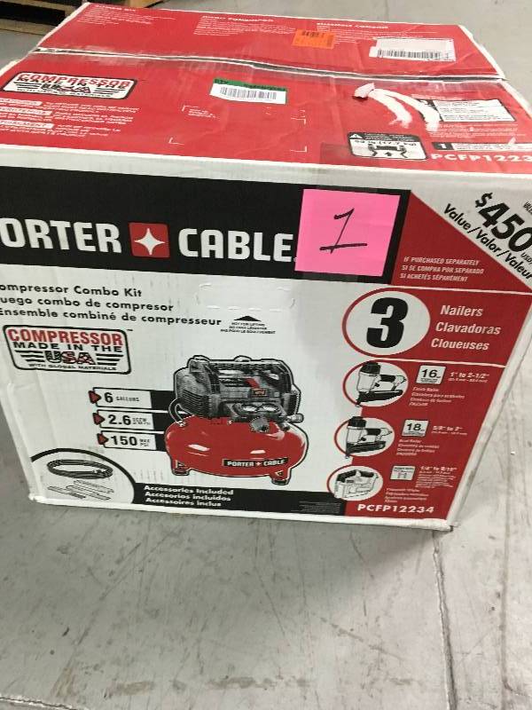 lot 1 image: Porter-Cable PCFP12234 3-Tool Finish Nailer & Brad Nailer Combo Kit in good conditions