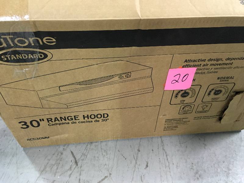 lot 20 image: Nutone Convertible Range Hood under Cabinet 30 in Kitchen  WH. not used