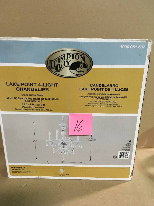 lot 16 image: Hampton Bay Lake Point 4-Light Chrome and Clear Crystal Chandelier New