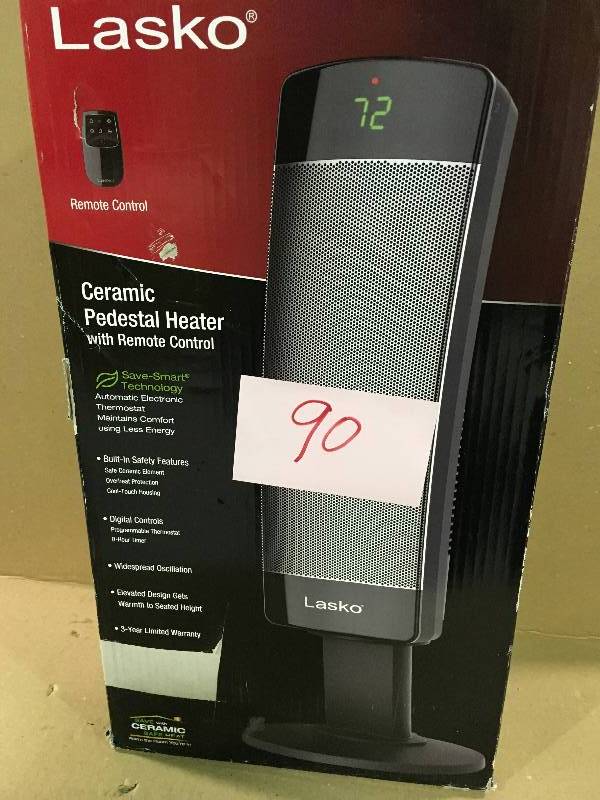lot 90 image: Lasko Ceramic Pedestal Tower Indoor Heater Black 1500W CS27600  Used in good working cond