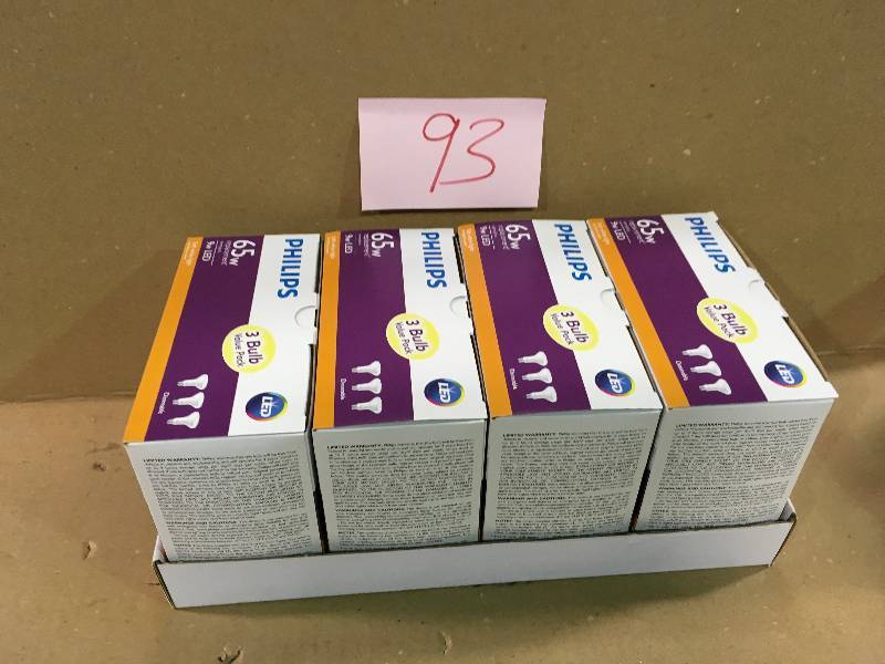 lot 93 image: LOT OF 4 BOXES PHILIPS 65W Equivalent Soft White BR30 Dimmable Flood LED Light Bulb (3-Pack) NEW