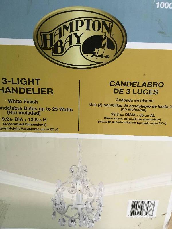 lot 9 image: Hampton Bay 3 Light White Mini Chandelier 1000051535 The not used