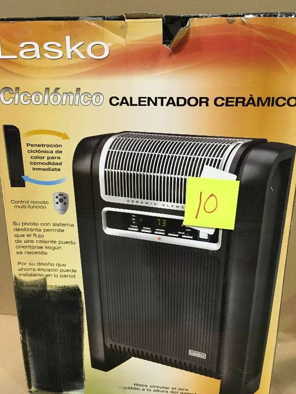 lot 10 image: Lasko 760000 Cyclonic Ceramic Heater - 1500 Watts, 5118 BTUs, Remote Control, Fresh Air Ionizer, Glide System Pivot, Electronic Control, Adjustable Thermostat, Self-Regulating Ceramic Element