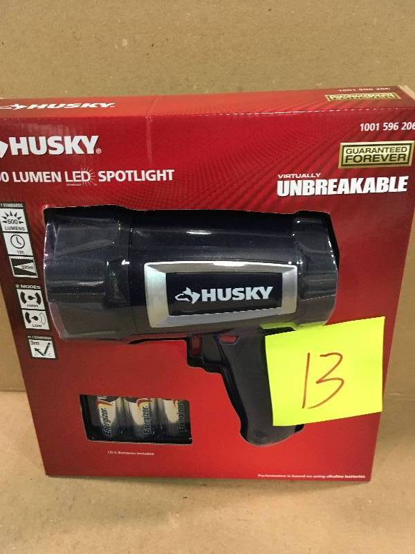 lot 13 image: HUSKY 500 Lumen LED SPOTLIGHT 1001 596 206 Virtually Unbreakable WITH BATTERIES not used