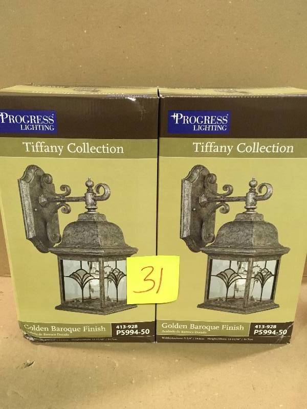 lot 31 image: LOT OF 2 Progress P5994-50 Tiffany 1 Light 14 inch Golden Baroque Outdoor Wall Lantern New
