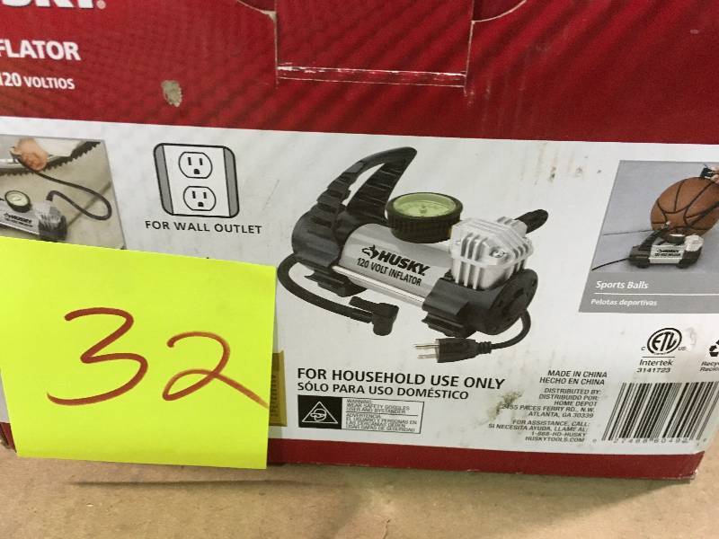 lot 32 image: Husky Inflator Air Compressor Pump Portable 120 Volt Electric Tire Bike Car Fast NOT TESTED