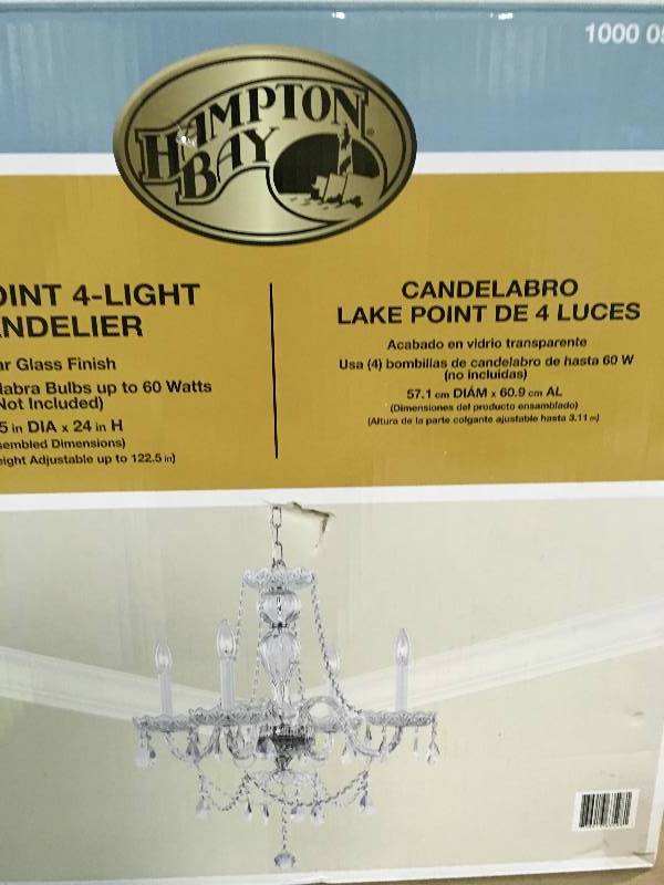 lot 34 image: Hampton Bay Lake Point 4-Light Chrome and Clear Crystal Chandelier New