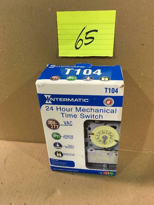 lot 65 image: INTERMATIC T104 Series 40 Amp 208-277-Volt DPST 24 Hour Mechanical Time Switch Mechanism in good conditions