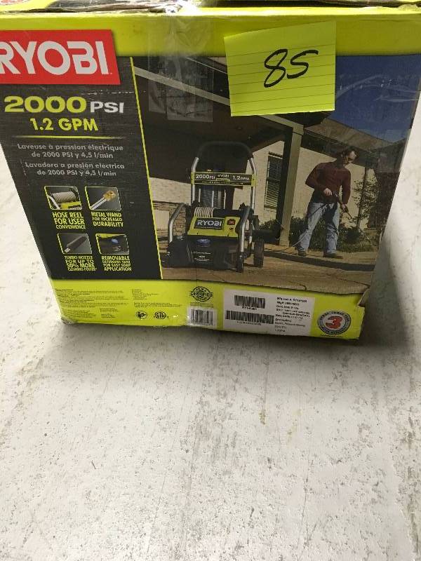 lot 85 image: Ryobi 2000 PSI 1.2 GPM Electric Pressure Washer Ry141900 Used in good working cond.