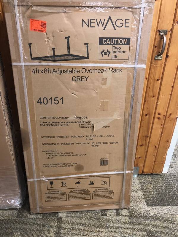 lot 107 image: New Age 4 ft x 8 ft Adjustable Overheaad Rack - Grey - Open Box Never Used