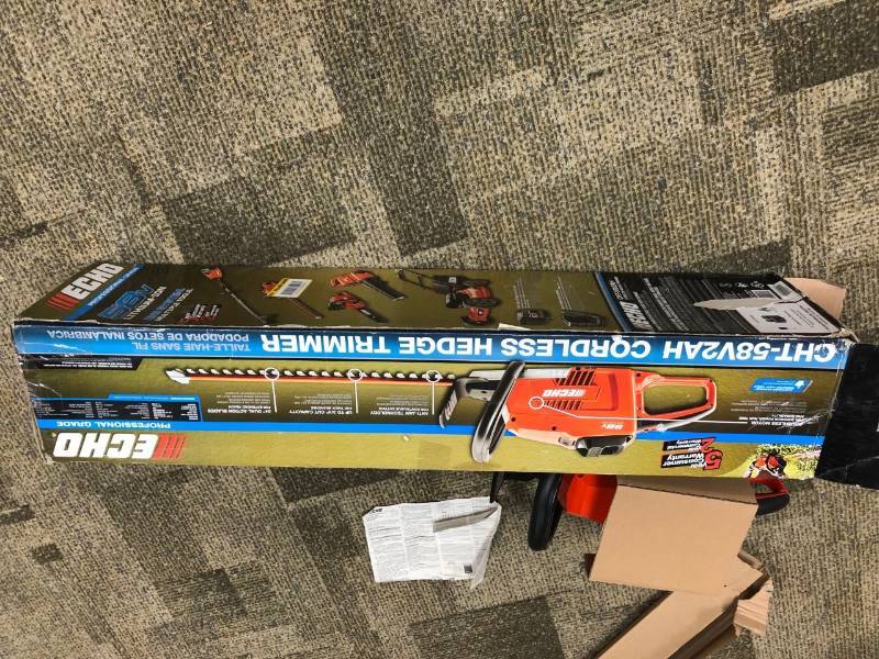 lot 114 image: Echo 24 in. 58-Volt Lithium-Ion Brushless Cordless Hedge Trimmer - 2.0 Ah Battery and Charger Included in like new condition