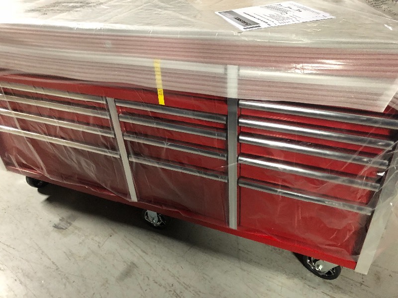 lot 101 image: Husky 72 in. W x 24 in. D 15-Drawer Mobile Workbench with Stainless Steel Top in Red not used