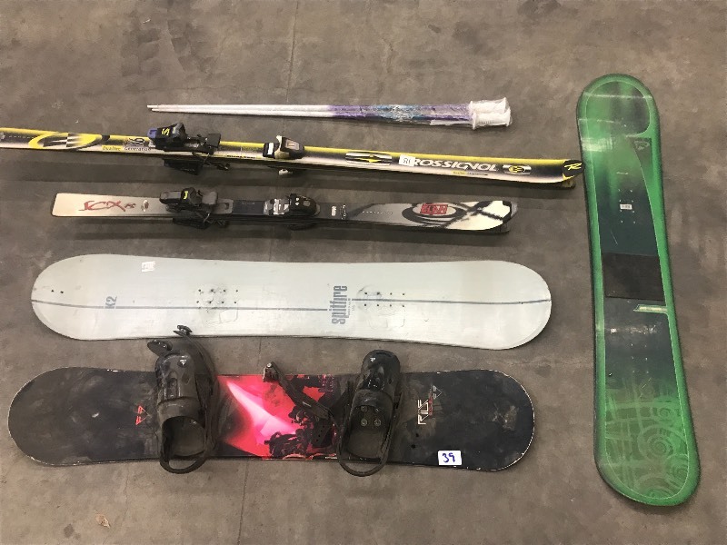 lot 39 image: (3) Snowboards & (2) Pairs Downhill Skis