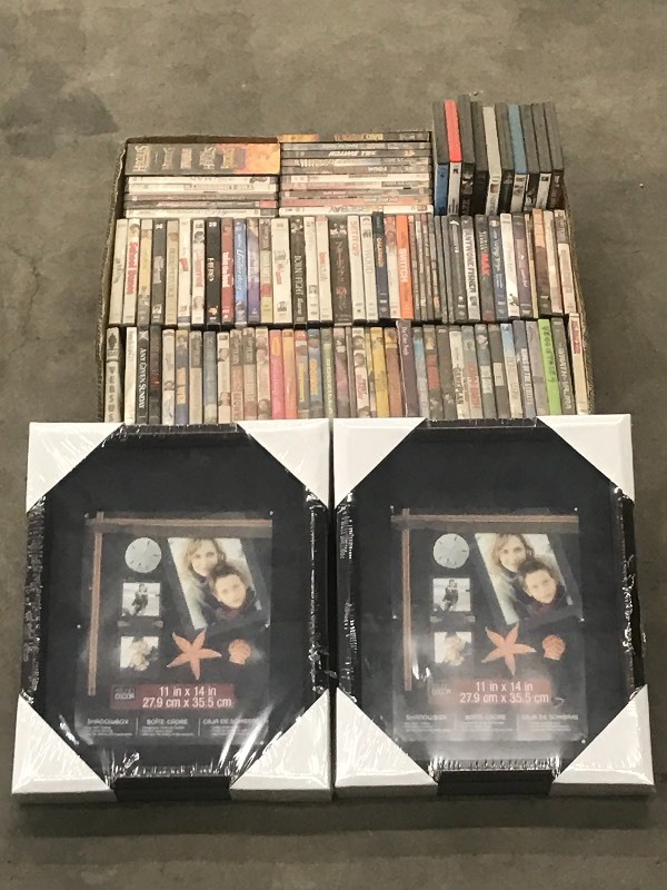 lot 47 image: Box Of DVD Movies, (2) New Picture Frames