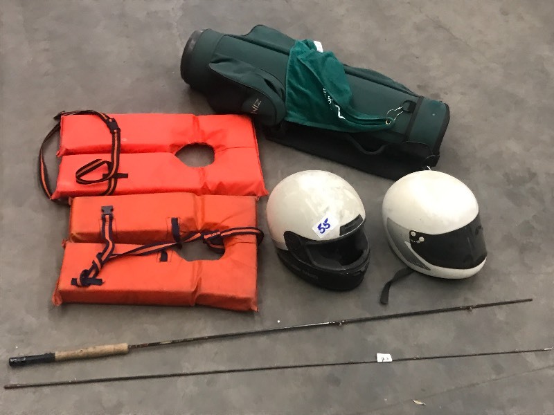 lot 55 image: Golf Club Bag, (2) Helmets, (2) Life Vests, Fishing Pole