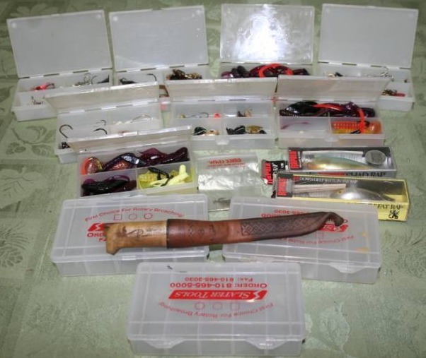 lot 344 image: Lures, Mini Fillet Knife, and Small Tackle Boxes