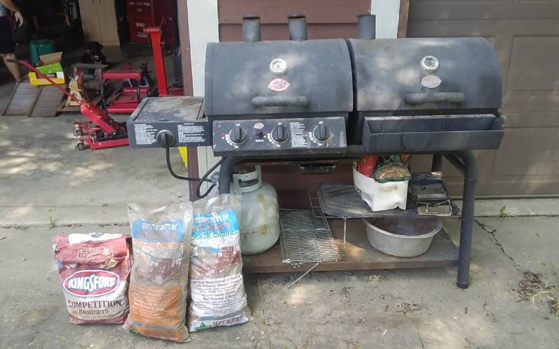 lot 25 image: Char-Griller Duo Model 5050 Propane & Charcoal Grill With Several Accessories, BBQ Tools, Hickory Chips & Manual