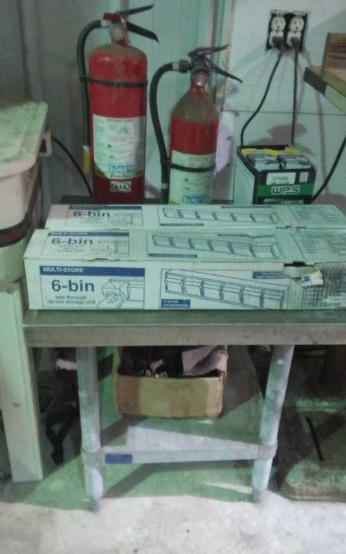 lot 98 image: Stand, Parts Bins, Fire Extinguishers, Light Bulbs