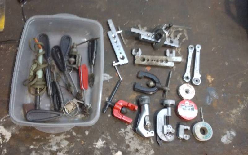 lot 118 image: Lot Of Tubing Cutters, Flaring Tools, Wire Brushes, Soldering Iron, Solder