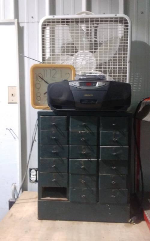 lot 156 image: Wood Parts Cabinet-Missing 1-Drawer (18x12x22), Radio, Fan, Clock