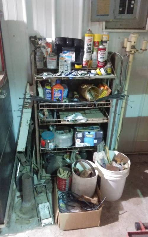 lot 158 image: Shelf & Contents (Chemicals-Carb Cleaner, Hand Cleaner, WD-40, Hardware)