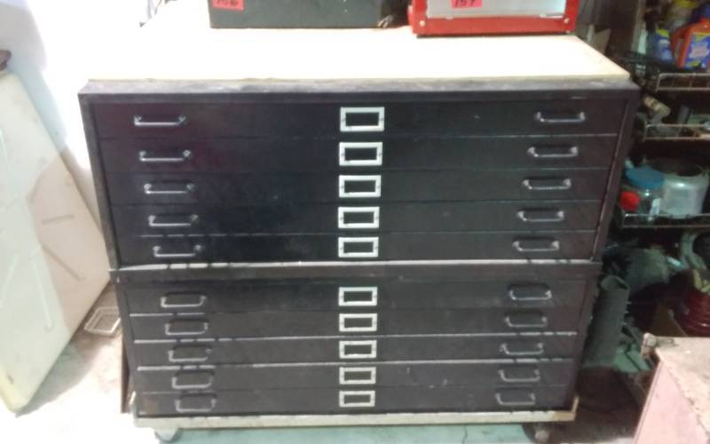 lot 159 image: Blue Print File On Casters FULL Of Hardware (some newsome used) 44x34x38