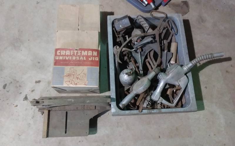 lot 161 image: Craftsman Jig For Table Saw, Shear, Bin Of Vintage Hand Tools (Ice Tongs, Misc)
