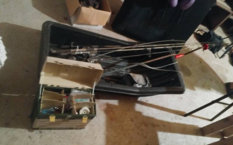 lot 172 image: Sled, Ice Auger, Fishing Poles, Tackle Box & Contents