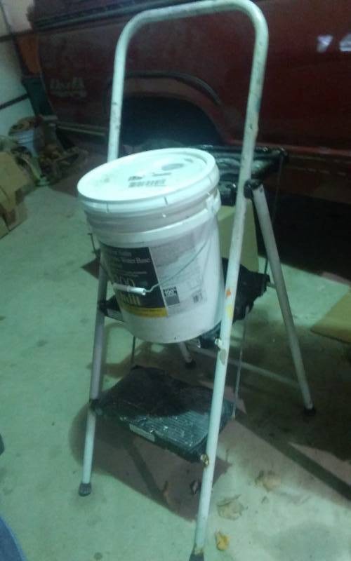 lot 185 image: Painters Ladder, Pail Of Paint (more than 12 full--2-gallons plus) In Quaker Gray Color (satin)