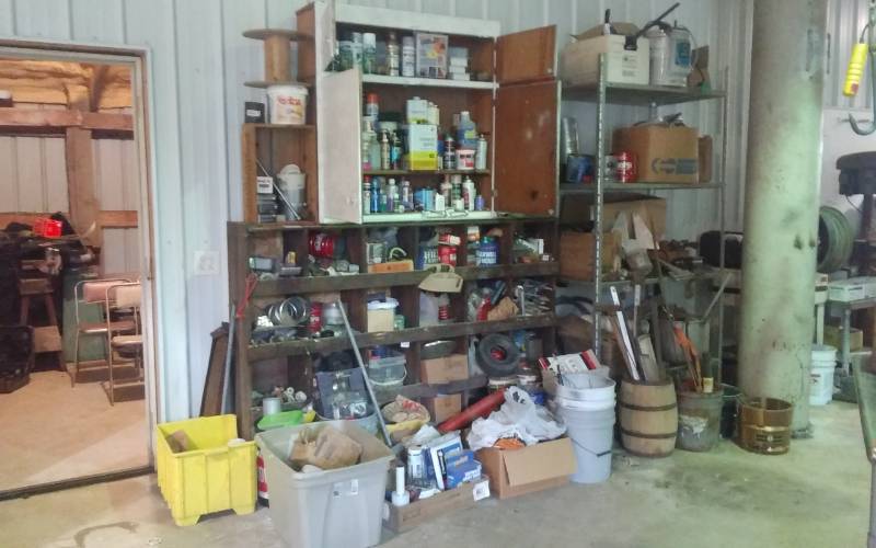 lot 196 image: Wall Of Hardware & Parts Wood BinsOrganizer, Cupboard, Metal Shelf & ALL Contents
