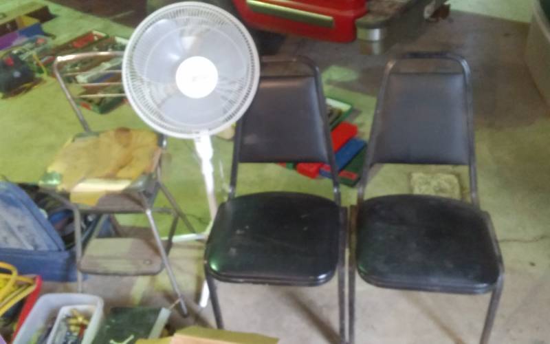 lot 199 image: Cosco Step Stool, Floor Fan, 2-Black Chairs