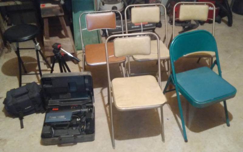 lot 200 image: 5-Folding Card Table Chairs, Old School Video Camera