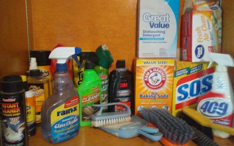 lot 201 image: Cupboard Full Of Cleaning Supplies, Shop Brooms & Holder