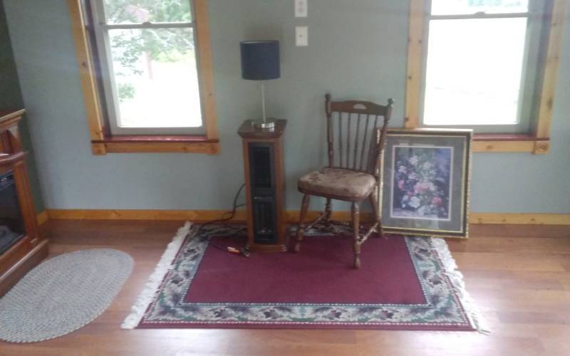 lot 211 image: Area Rug 70x46, Floral Picture By Albert Williams, Electric Heater, Wood Chair, Lamp