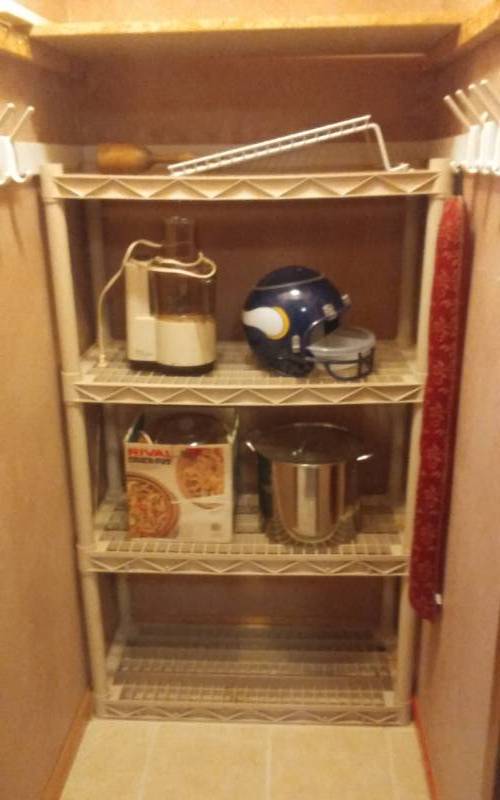 lot 214 image: Kitchen Pantry Closet Shelf, MN Vikings Treat Server, Crock Pot, Food Processor, Stock Pot