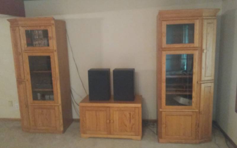 lot 218 image: 3-Piece TV StandStorage Cabinet (40x20x24) & Pair Of Media Storage Towers (34x20x80) Includes Contents