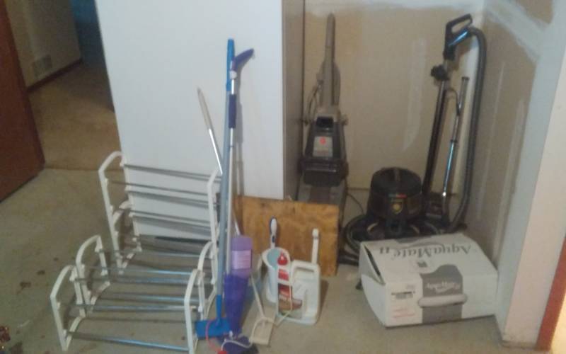 lot 220 image: RAINBOW E-Series Vacuum With Aquamatic Attachment, Hoover Steam Vac, Swiffers, Shoe Racks & Misc