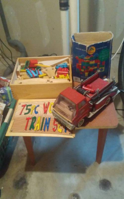 lot 221 image: Kids Table With Wood Train Set, Wood Blocks & Vintage Tonka Fire Truck