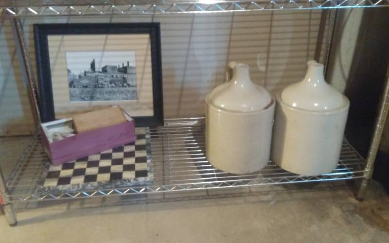 lot 225 image: 2-Crock Jugs, Stone Chess Game & Pieces, Framed Train Picture